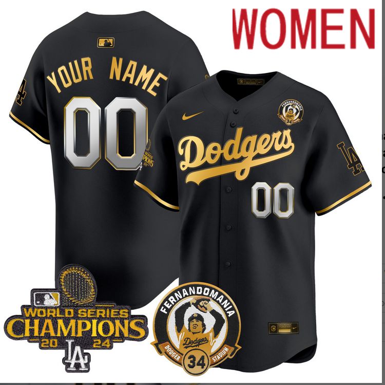 Women MLB Los Angeles Dodgers Custom black 2024 World Series Champions Patch Cooperstown Jersey style 8